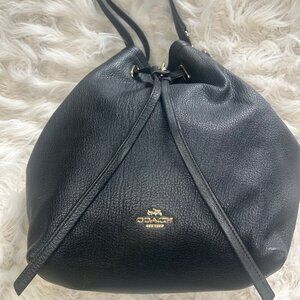 Coach Black Pebbled Leather Drawstring Bucket Shoulder Bag with Gold Hardware